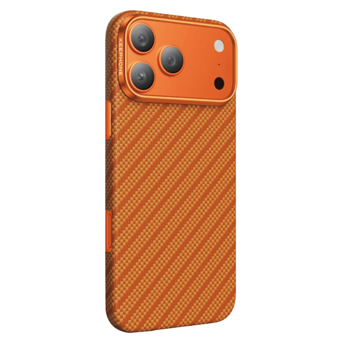 Turuncu karbon fiber desenli, üçlü kamera lensli telefon kılıfı.