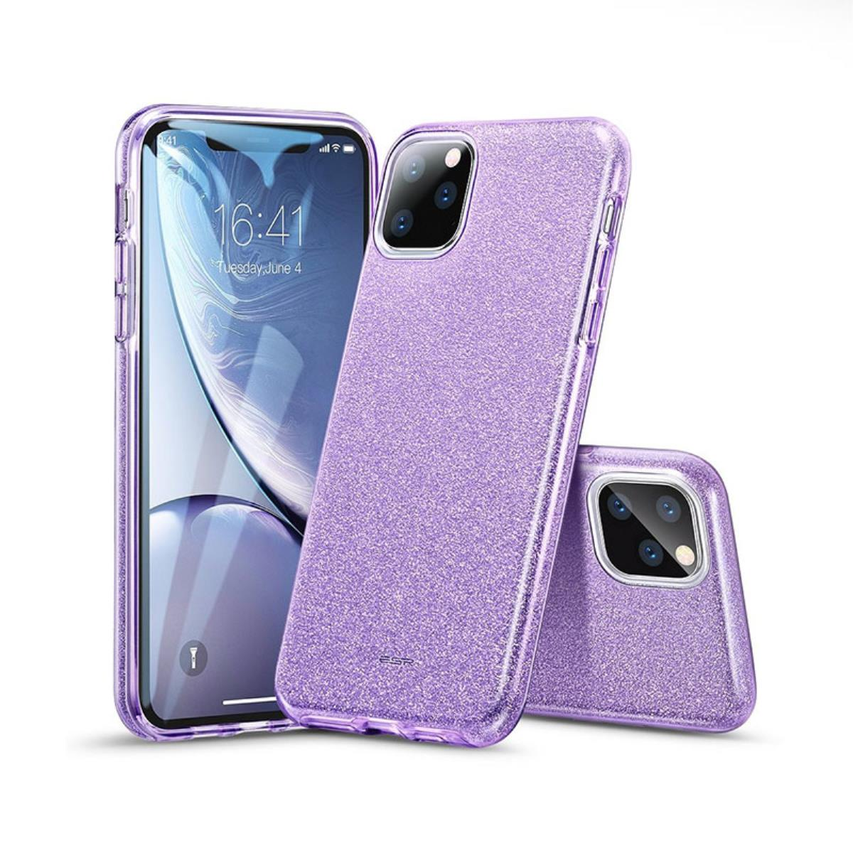 Una cover viola glitterata giace accanto a uno smartphone.