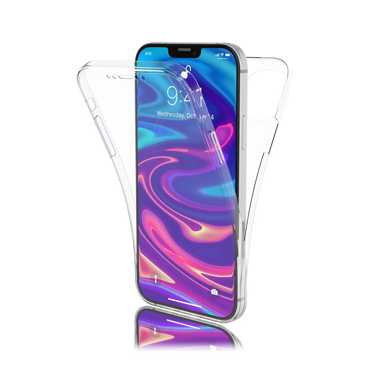 Una custodia trasparente per telefono è mostrata parzialmente su uno smartphone con uno sfondo colorato.