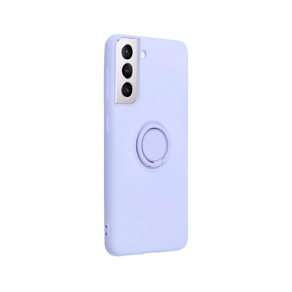 Una cover viola chiaro per telefono con tre fotocamere e un anello porta.
