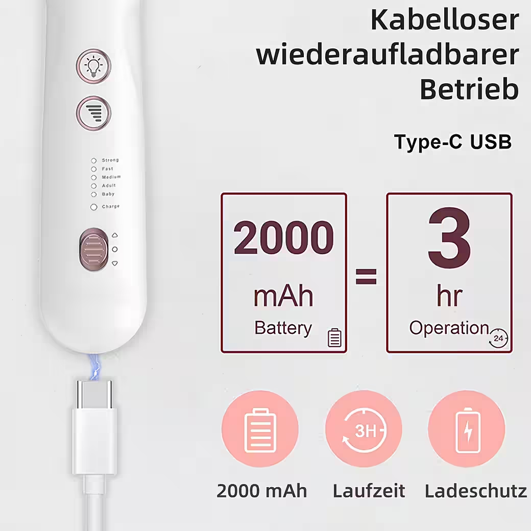 Kabelloser wiederaufladbarer Betrieb mit 2000 mAh Akku und 3 Stunden Laufzeit.