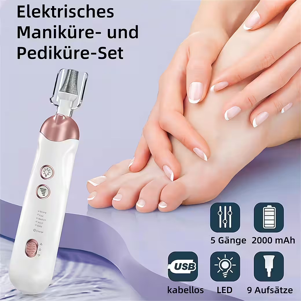Elektrisches Maniküre- und Pediküre-Set mit Feile, LEDs und 9 Aufsätzen.