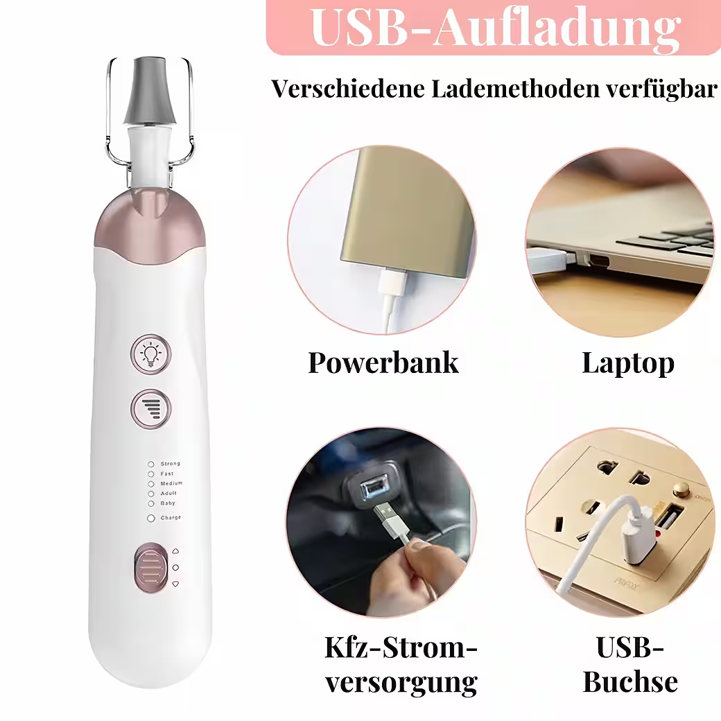 Ein Gerät zum Aufladen über USB mit verschiedenen Optionen wie Powerbank, Laptop, Kfz und Steckdose.