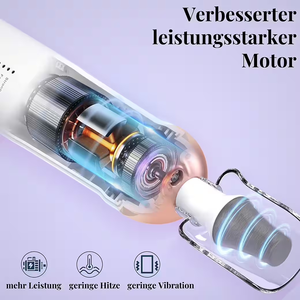Detailansicht eines Motors mit Symbolen für Leistung, Hitze und Vibration.