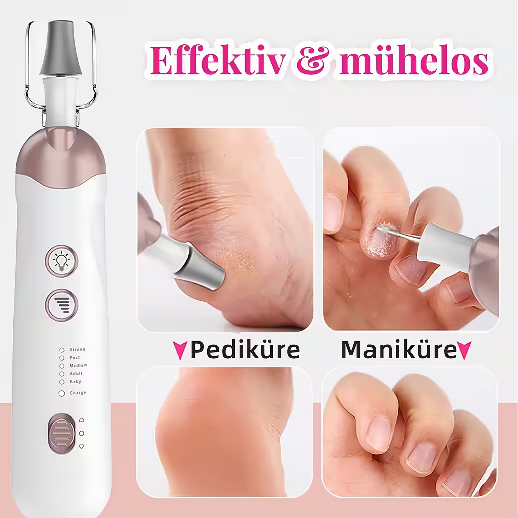 Ein elektrischer Nagelhautentferner für Fuß- und Maniküre mit verschiedenen Aufsätzen.