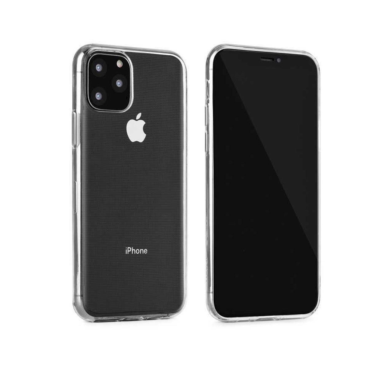 Due iPhone in custodie trasparenti, uno mostra fotocamera, l'altro schermo.