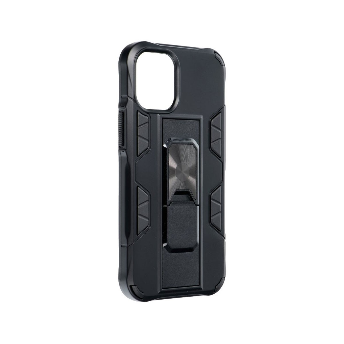 Custodia nera per smartphone con anello di supporto metallico sul retro.