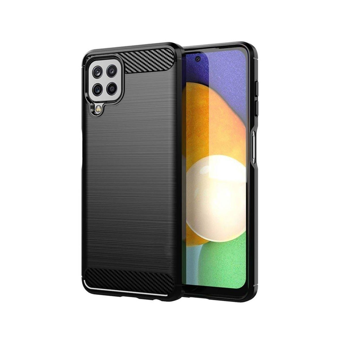 Cover nera per telefono con finitura metallo spazzolato e accenti in fibra di carbonio.