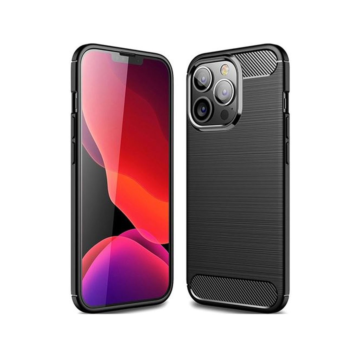 Smartphone nero con sfondo rosso e custodia per telefono accanto.