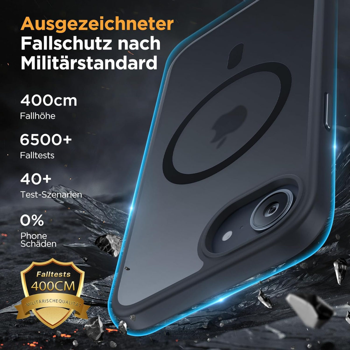 Schwarze Handyhülle mit Text über Fallschutz nach Militärstandard.