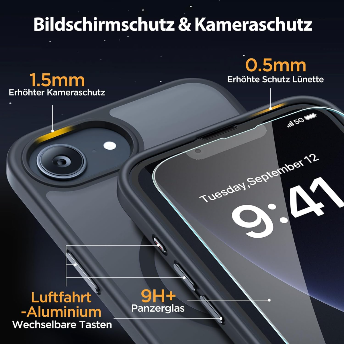 Schwarzes Handy mit Displayschutz, Kamera- und erhöhter Lünette.