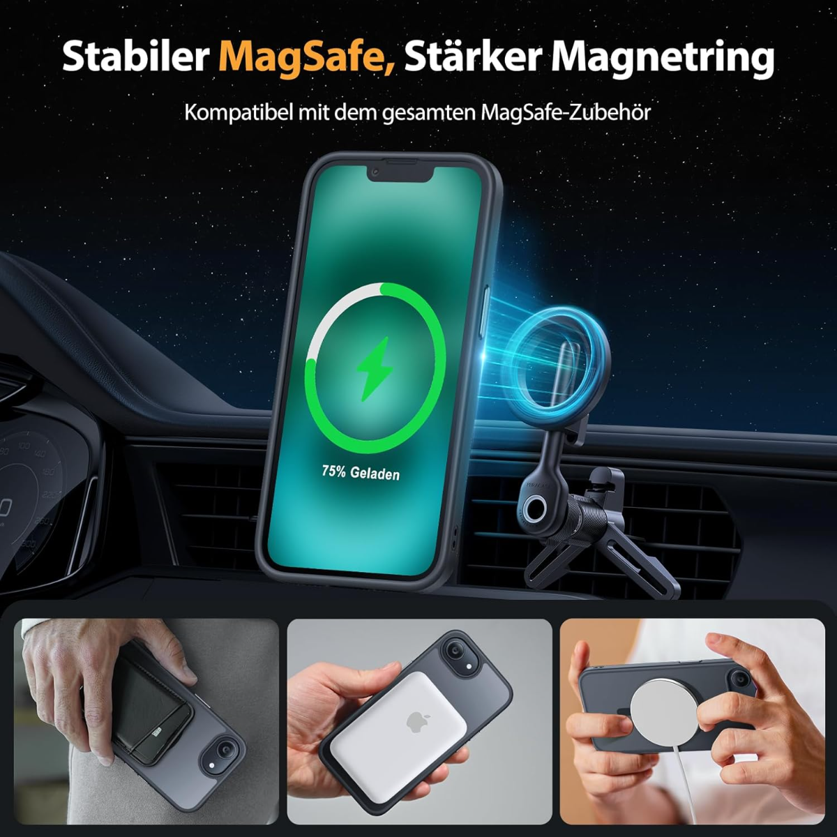 iPhone mit MagSafe-Halterung im Auto, zeigt 75% Ladung an. Unten: MagSafe-Zubehör.