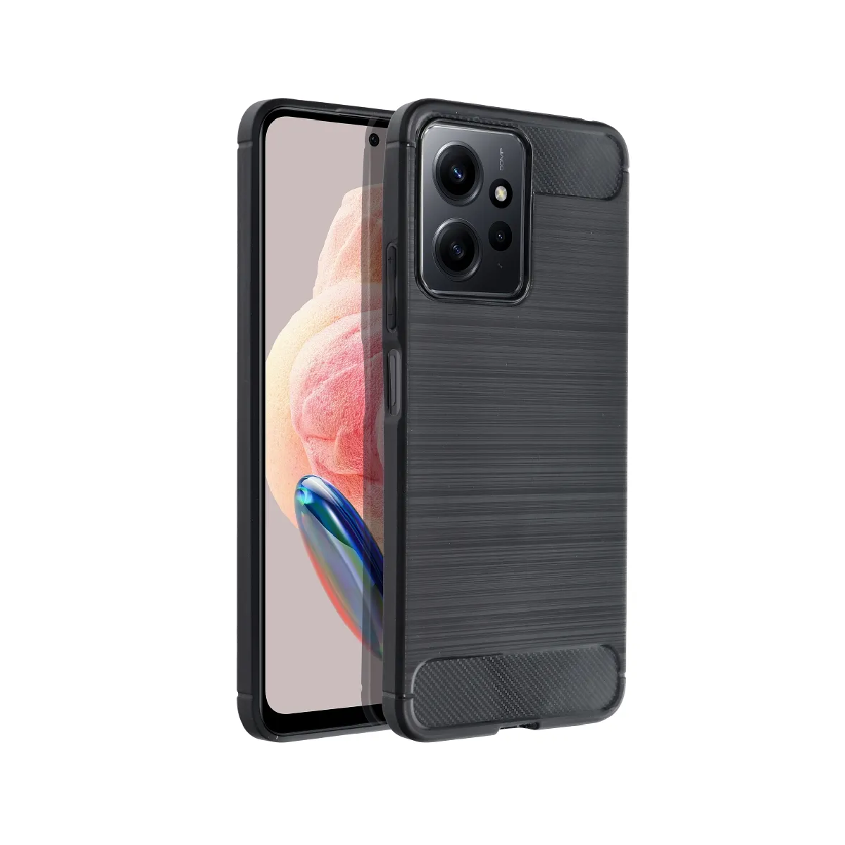 Uno smartphone nero con una grande fotocamera e un pannello posteriore a righe.