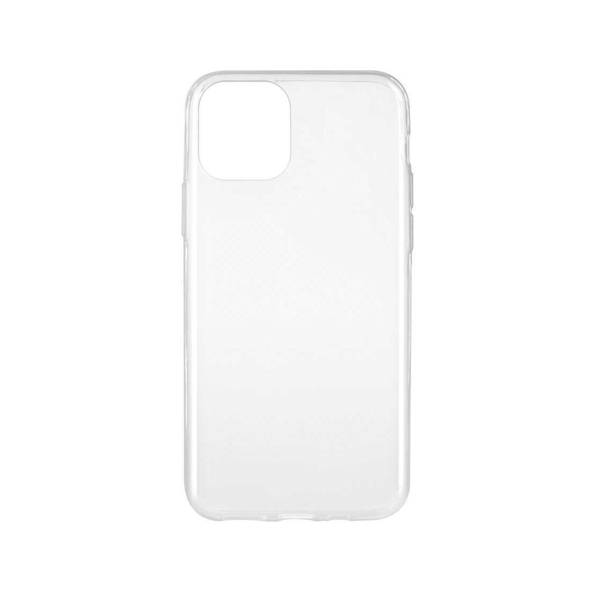 Una cover trasparente per telefono su sfondo bianco. Ha un ritaglio per la fotocamera.