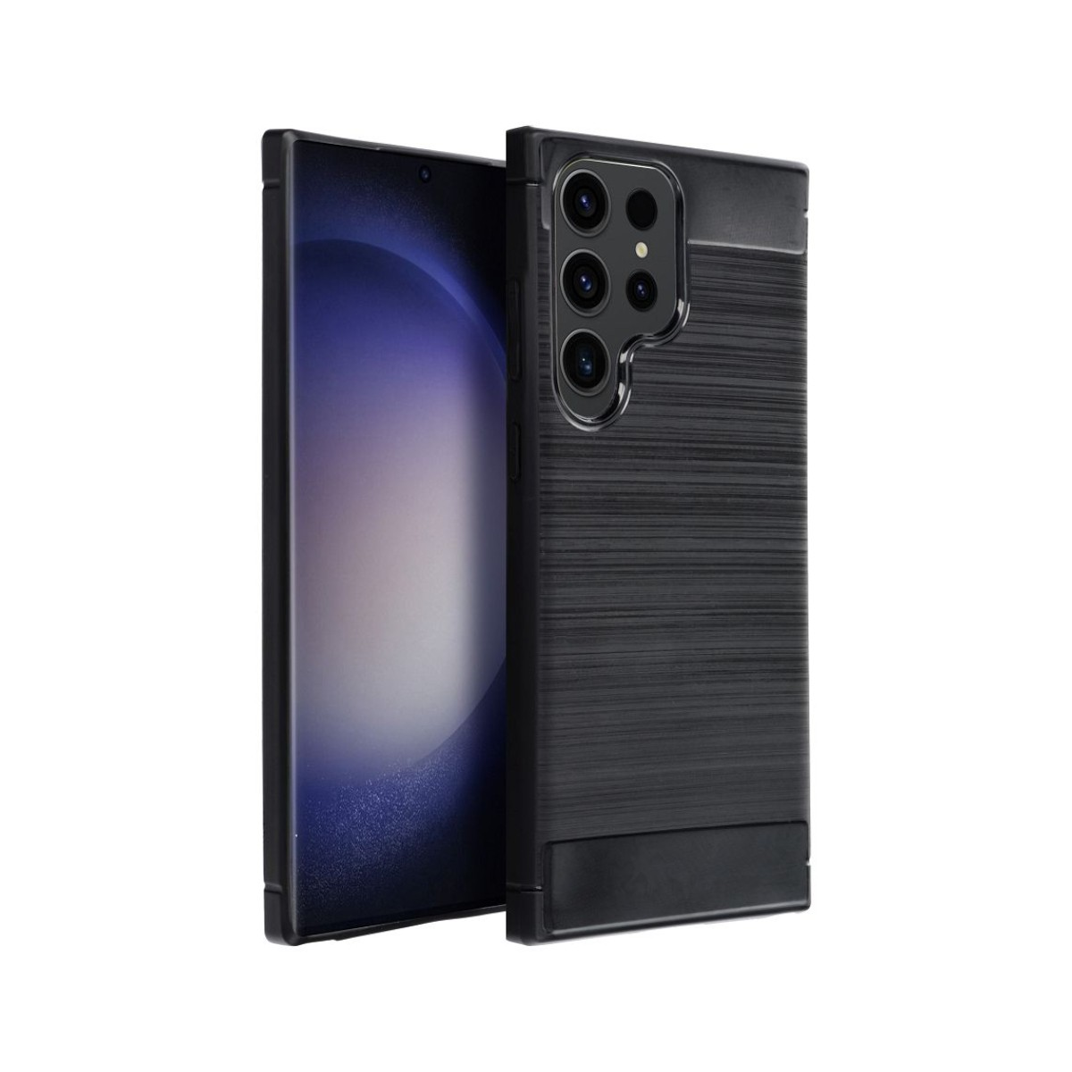 Cover nera per telefono con effetto metallo spazzolato accanto a uno smartphone.