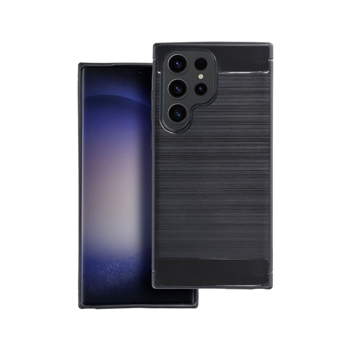 Uno smartphone nero con retro a righe orizzontali e modulo fotocamera.