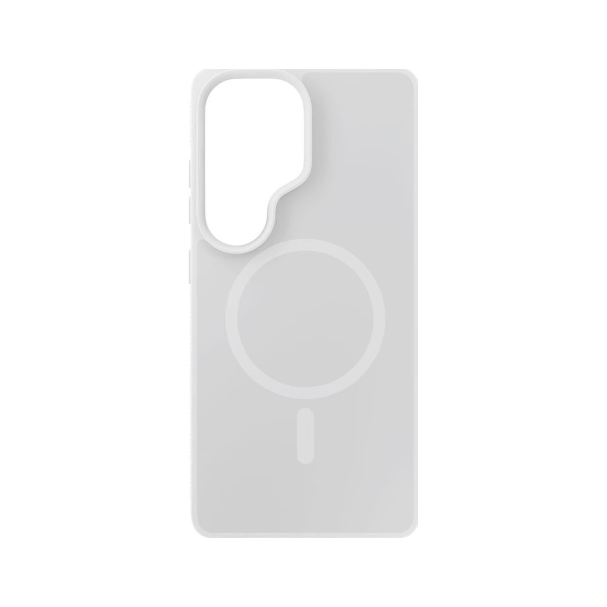 Una cover bianca per telefono con ritaglio per fotocamere e design circolare.