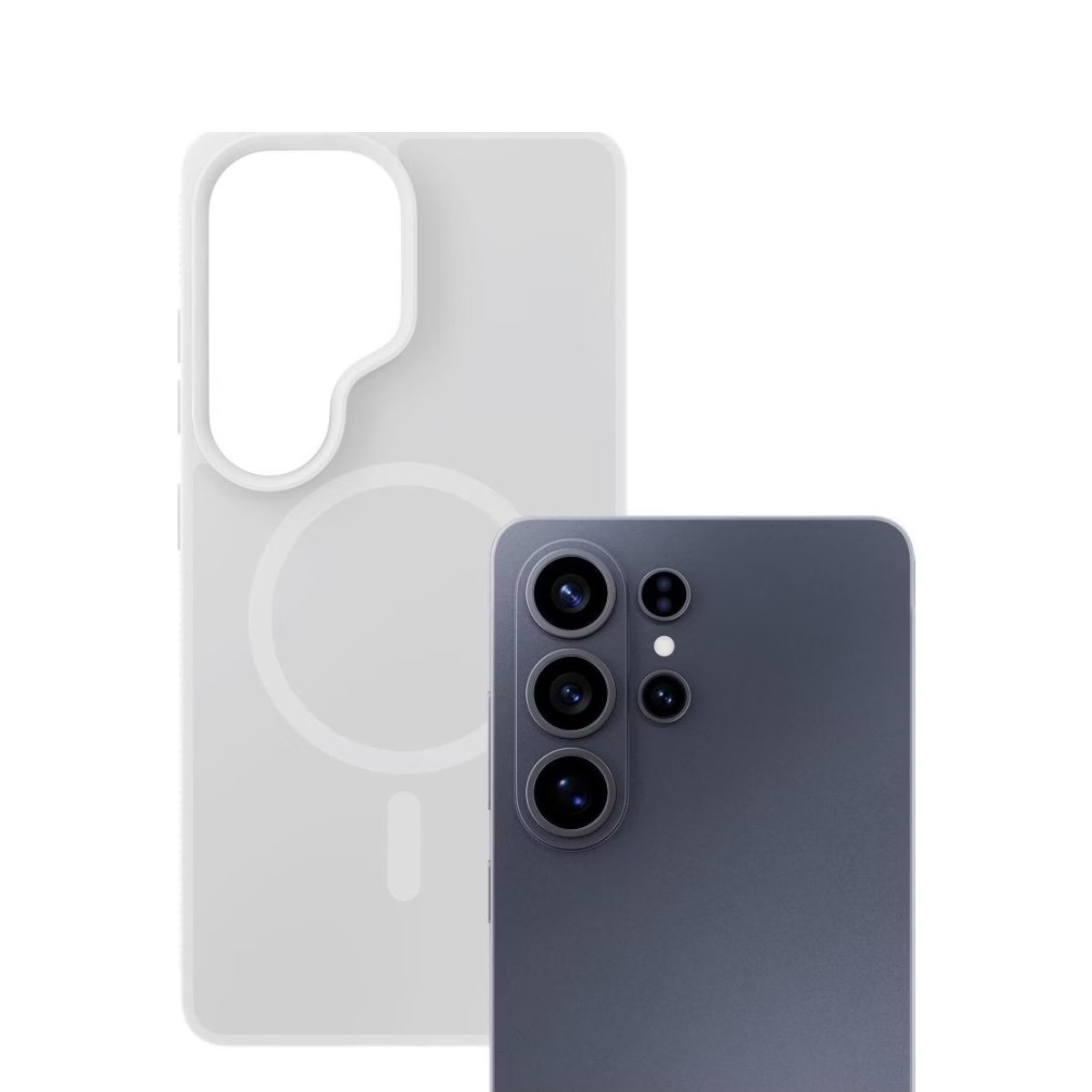Uno smartphone grigio con tre fotocamere e una custodia bianca accanto.