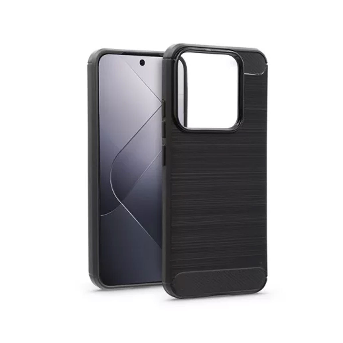 Una custodia nera per telefono con texture metallica spazzolata è mostrata accanto a uno smartphone.