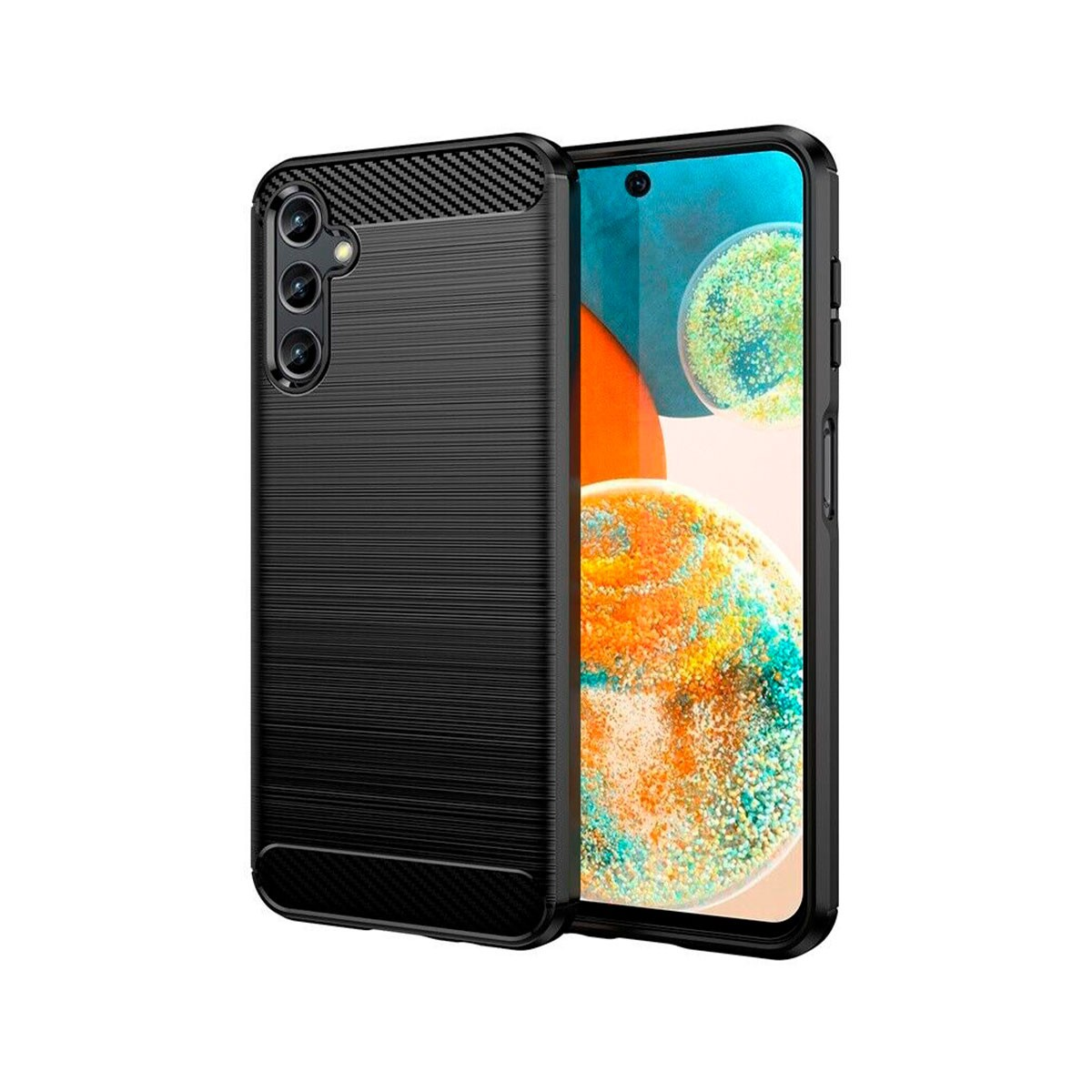 Cover nera per telefono con texture a coste, accanto a uno smartphone con sfondi colorati.