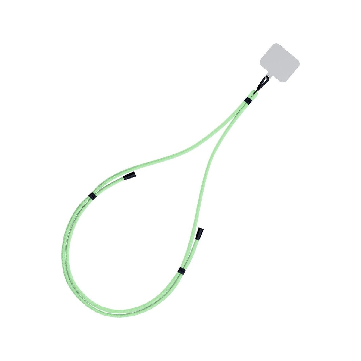 Laccetto verde chiaro per telefono con clip nera e un quadrato grigio.