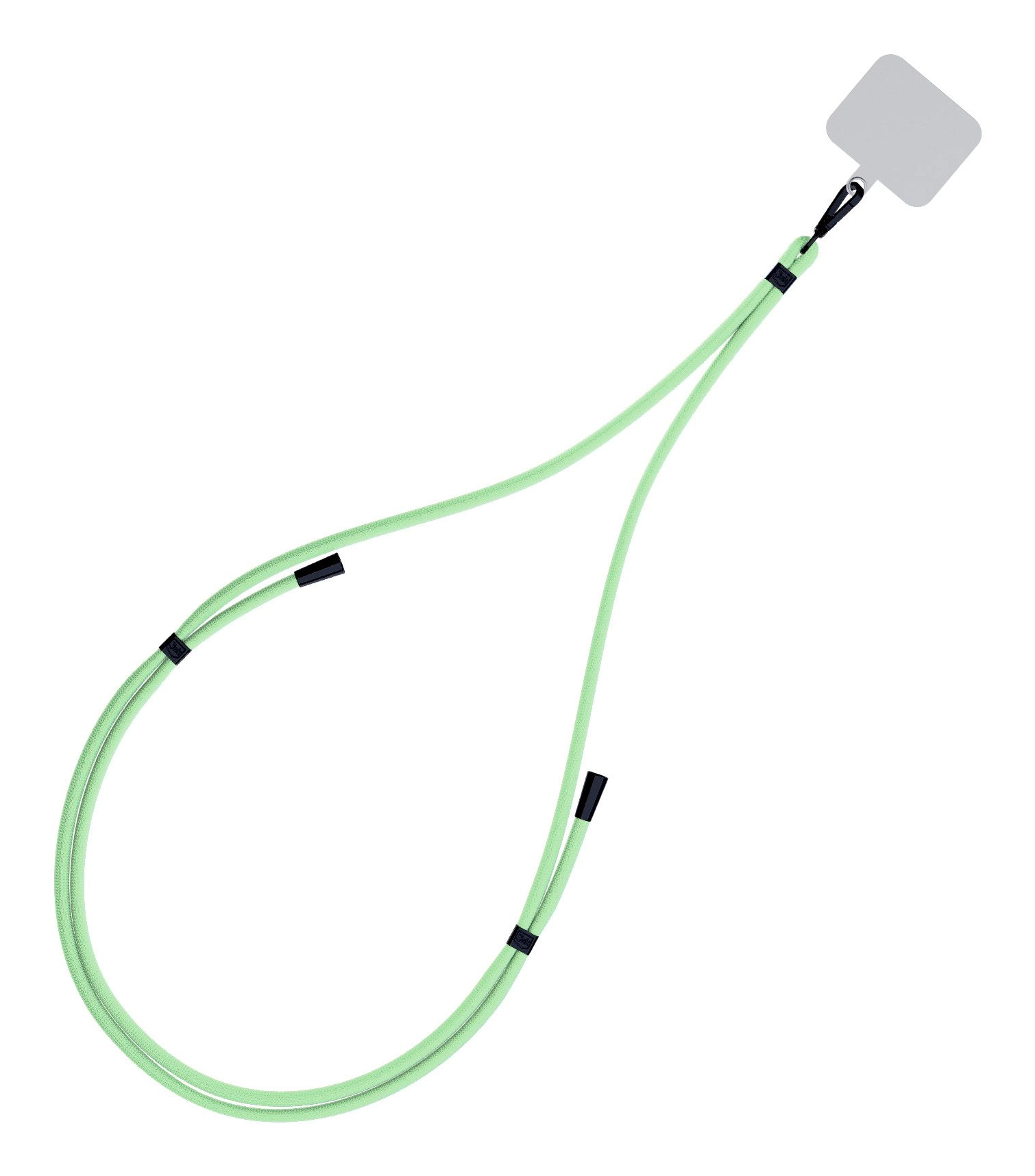 Un laccetto verde chiaro con clip nero e un pad adesivo quadrato.