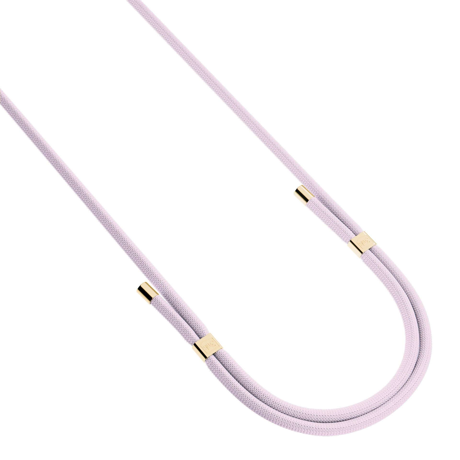 Un cordoncino rosa chiaro con accenti dorati forma un anello su sfondo bianco.