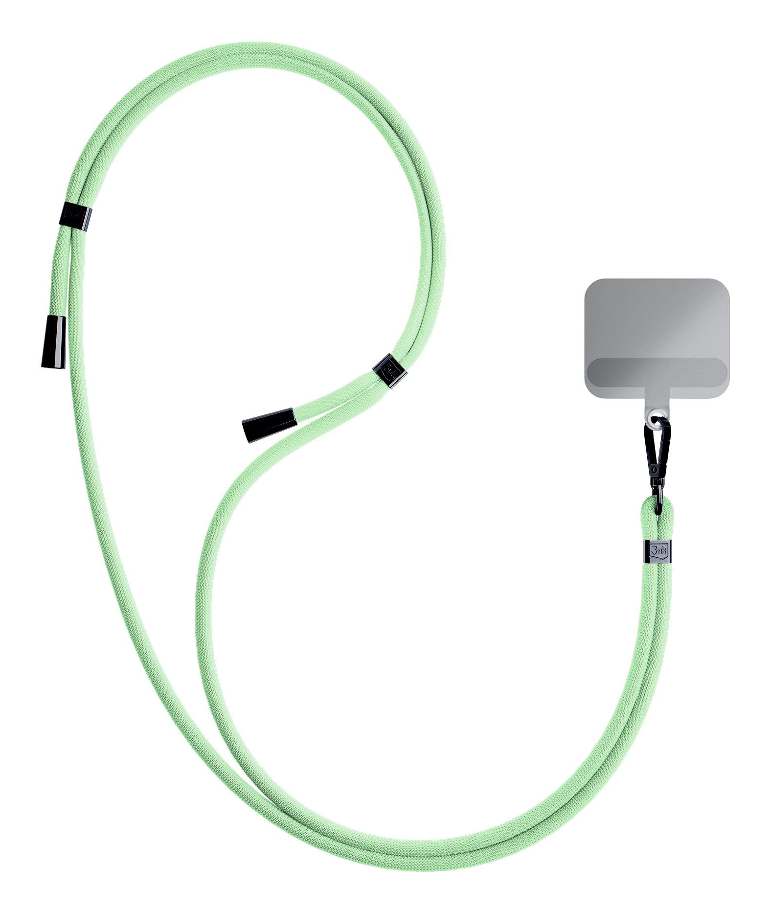 Un laccetto verde chiaro per telefono con clip e ciondolo neri.