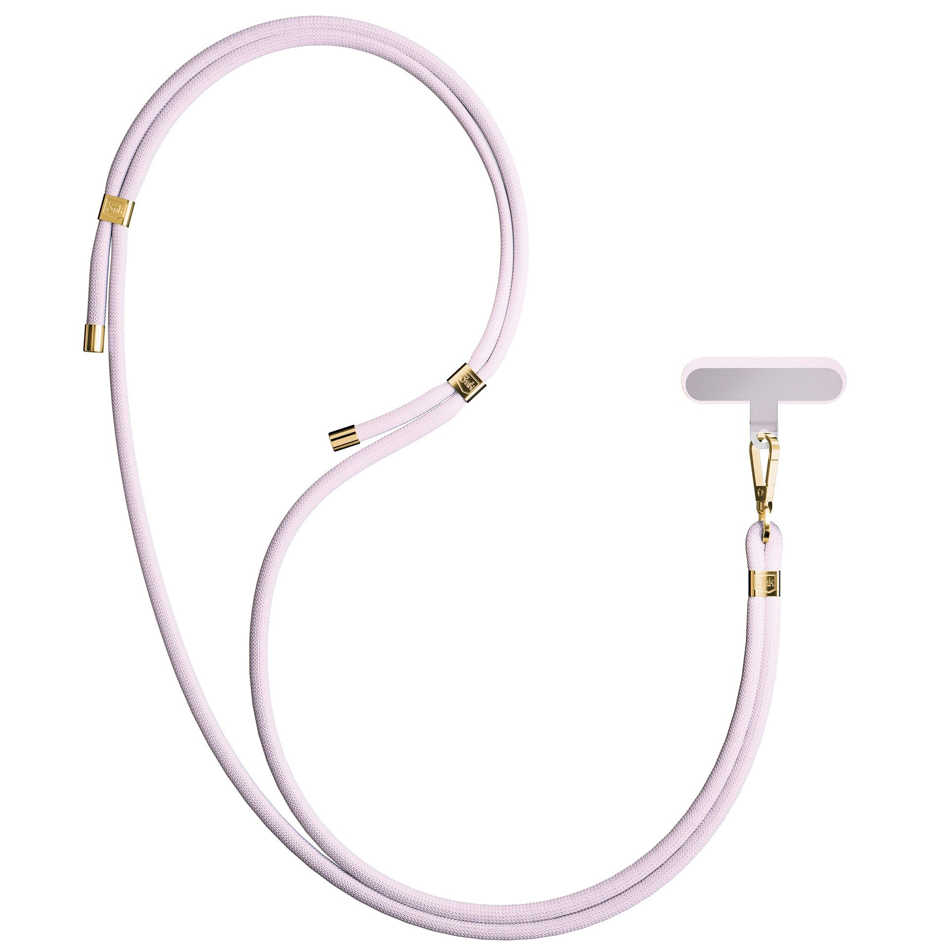 Un laccetto rosa chiaro con accenti dorati e un supporto per telefono a T.