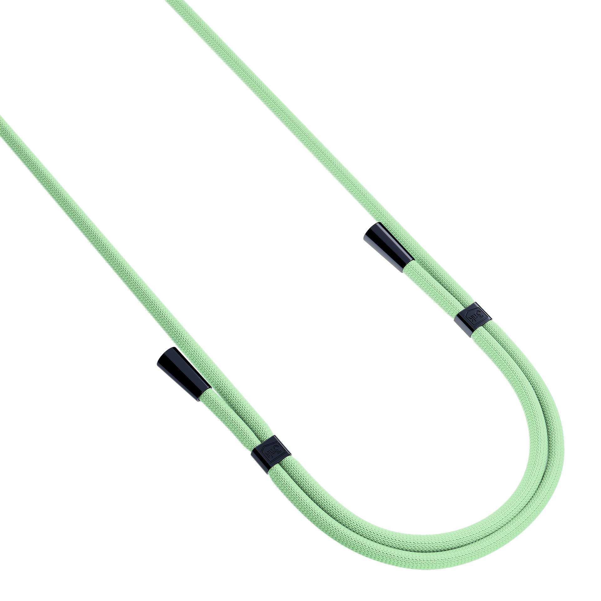 Una corda verde chiaro con terminali neri su sfondo bianco.