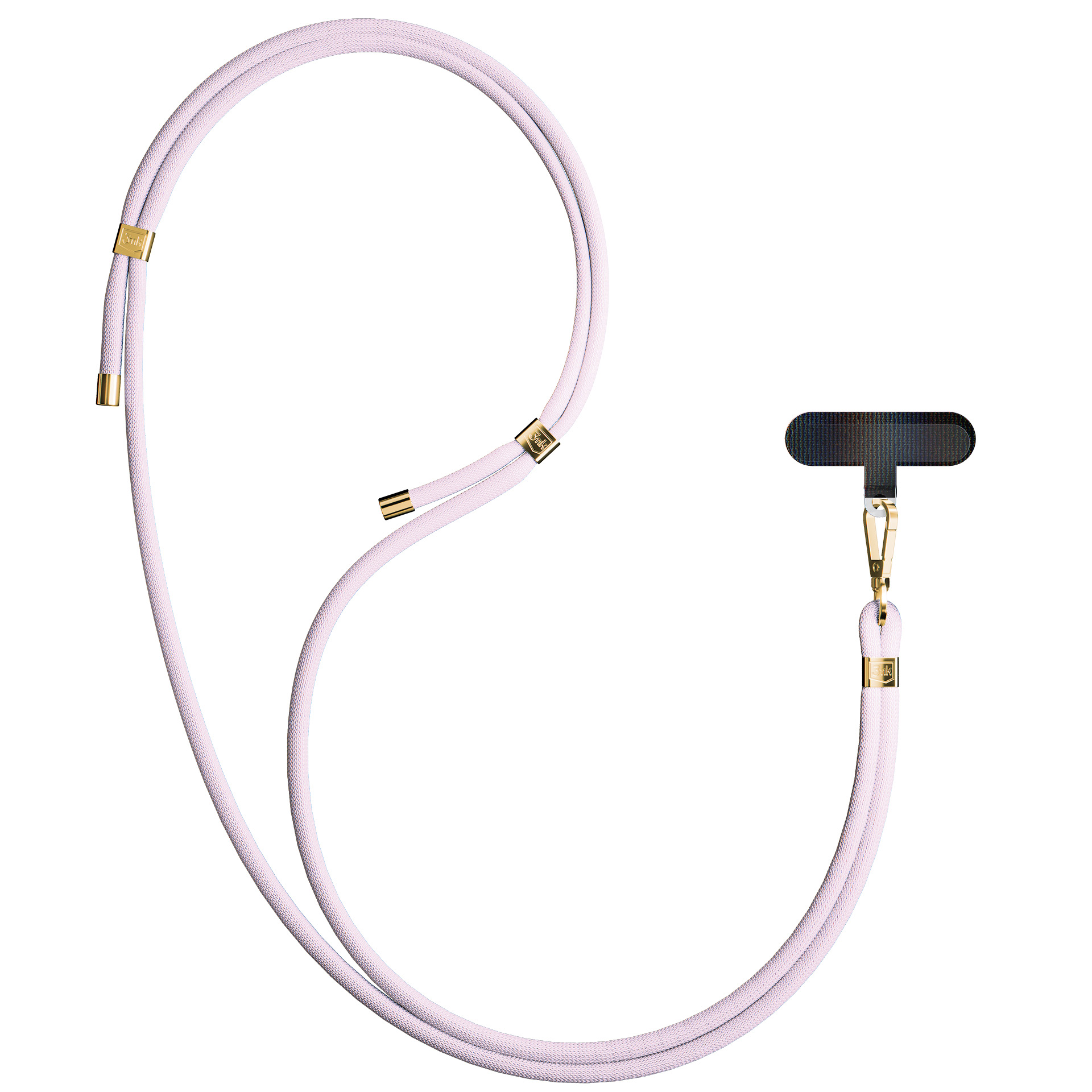 Un cordino rosa chiaro con hardware dorato e adattatore per telefono nero.