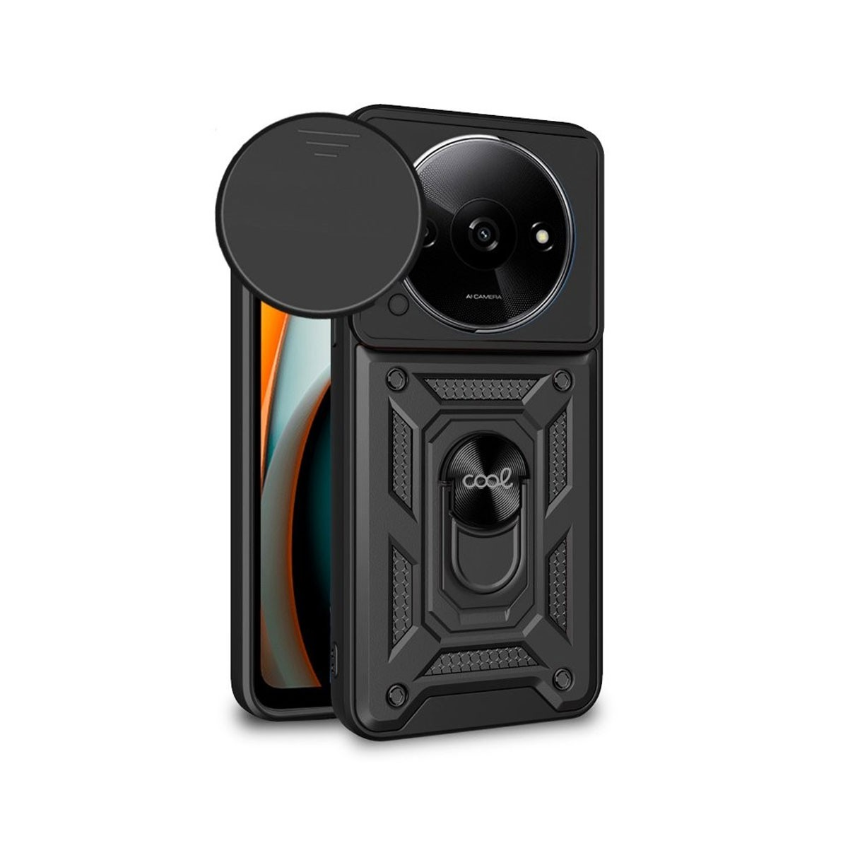 Telefono nero con anello porta-dita e copri-fotocamera. La parola 'cool' è sul supporto.