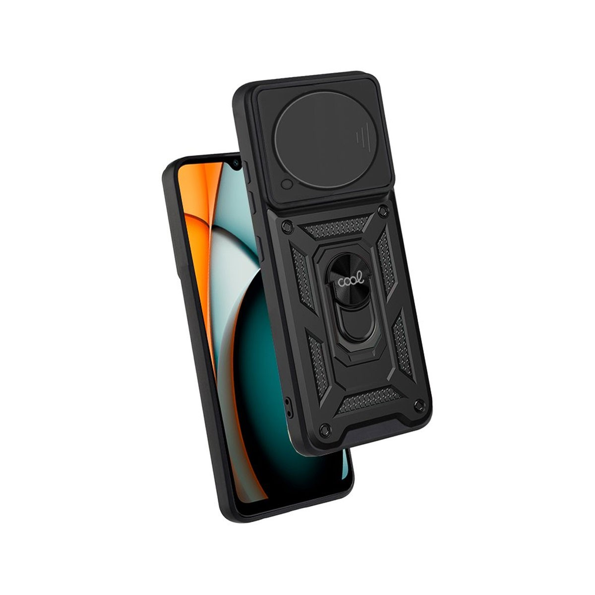 Custodia nera per telefono con anello portaoggetti e copri fotocamera scorrevole.