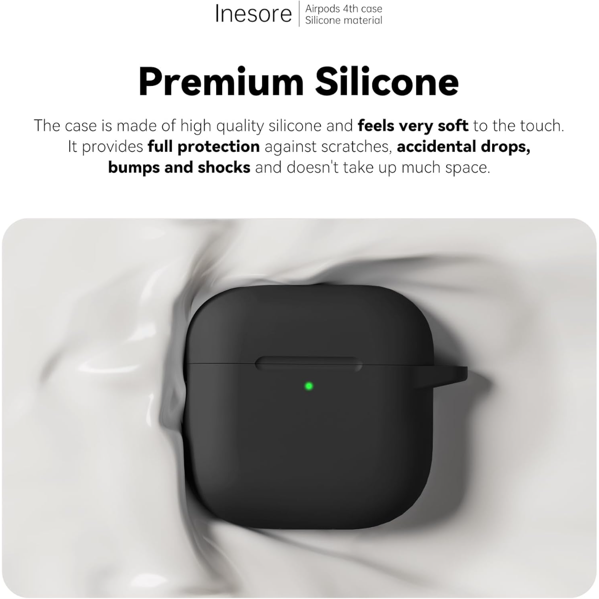Schwarze Airpod-Hülle aus Silikon mit grünem Licht, umgeben von weißer, flüssiger Substanz.