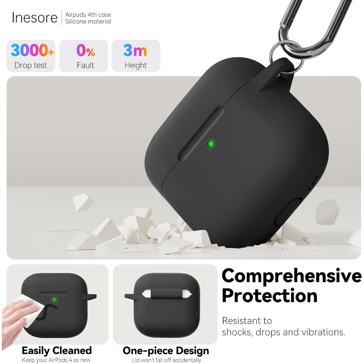 Schwarzes AirPods-Case mit Karabiner, auf weißem Hintergrund mit zerbrochenen Blöcken.