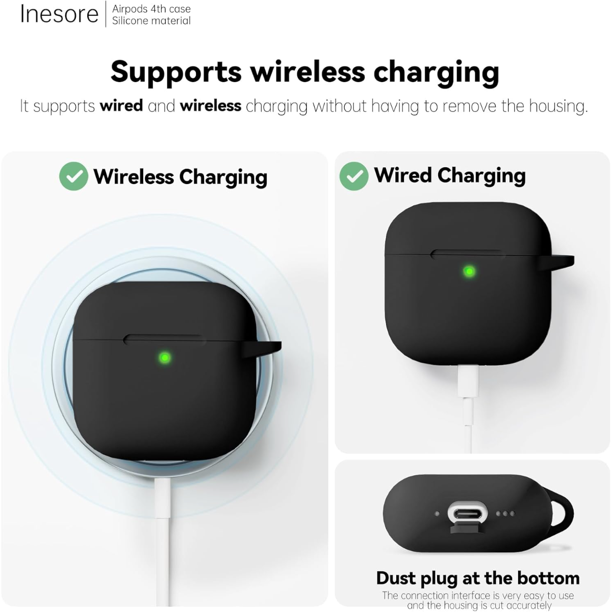 Schwarzes Ladecase für Airpods, unterstützt kabelgebundenes und kabelloses Laden.