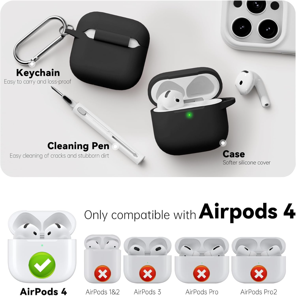 Schwarze AirPod-Hülle mit Schlüsselanhänger und Reinigungsstift. Nur kompatibel mit Airpods 4.