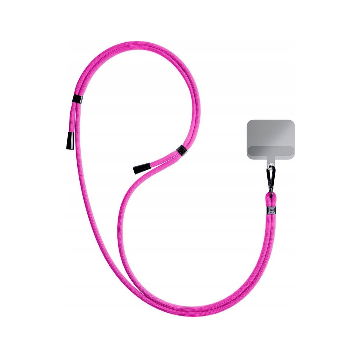 Un cinturino fucsia con clip nero e attacco per telefono.