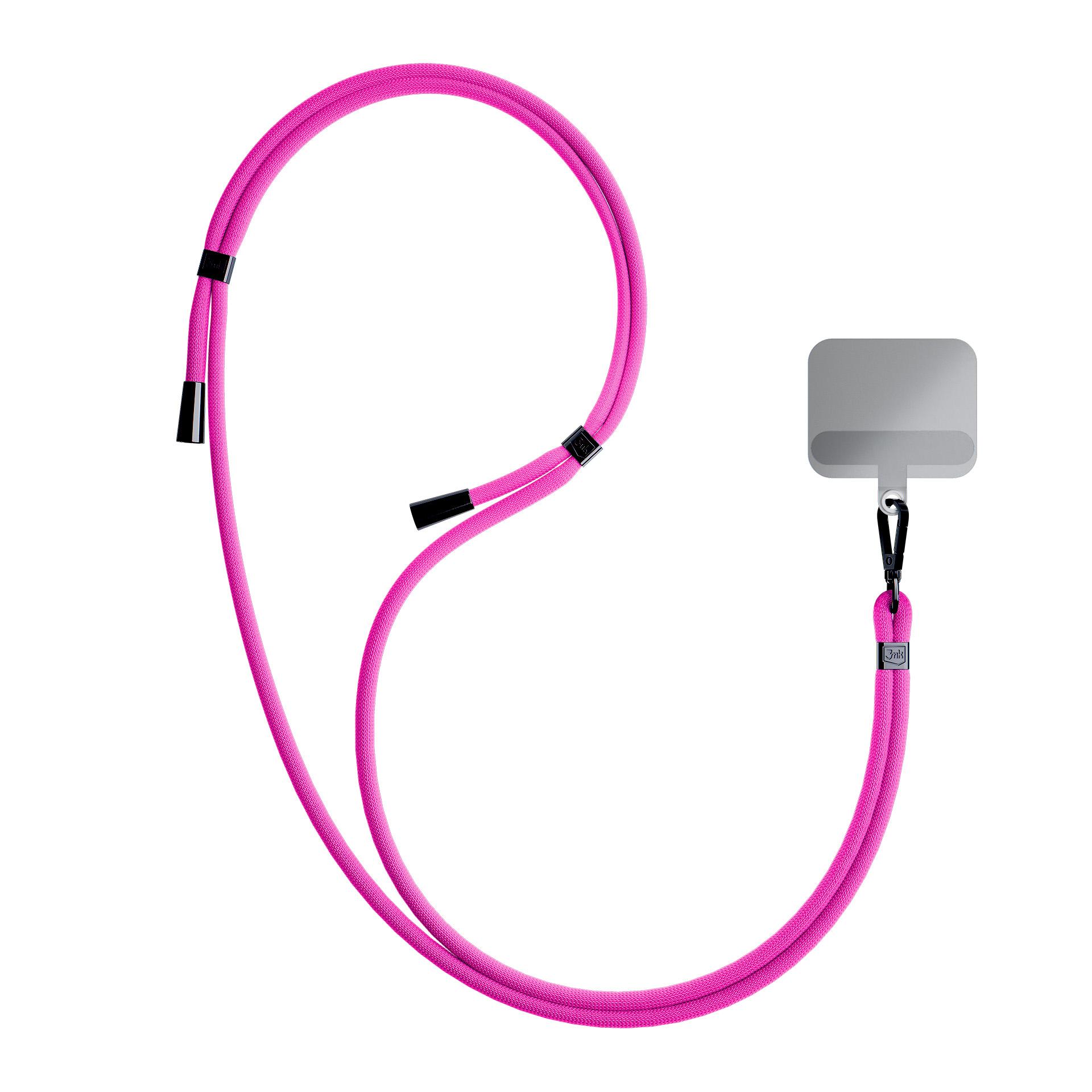 Un cordino fucsia con porta cellulare e clip nera.