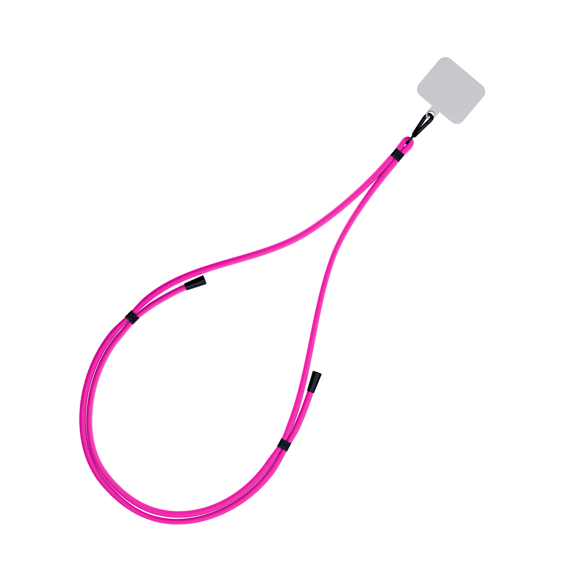 Un cordino rosa per telefono con clip nero e una piccola placca grigia.