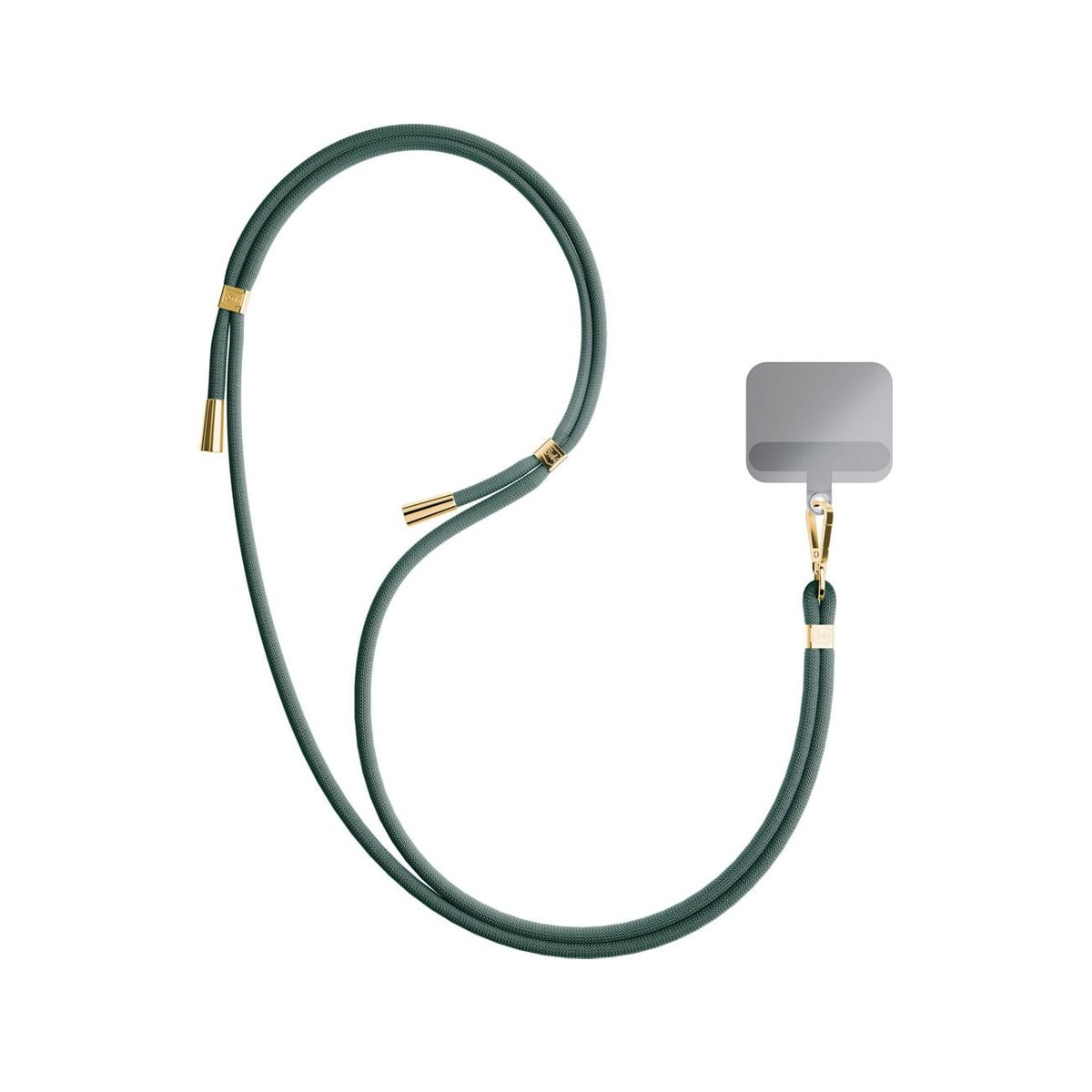 Laccio verde scuro con accenti dorati e un adattatore grigio piatto.