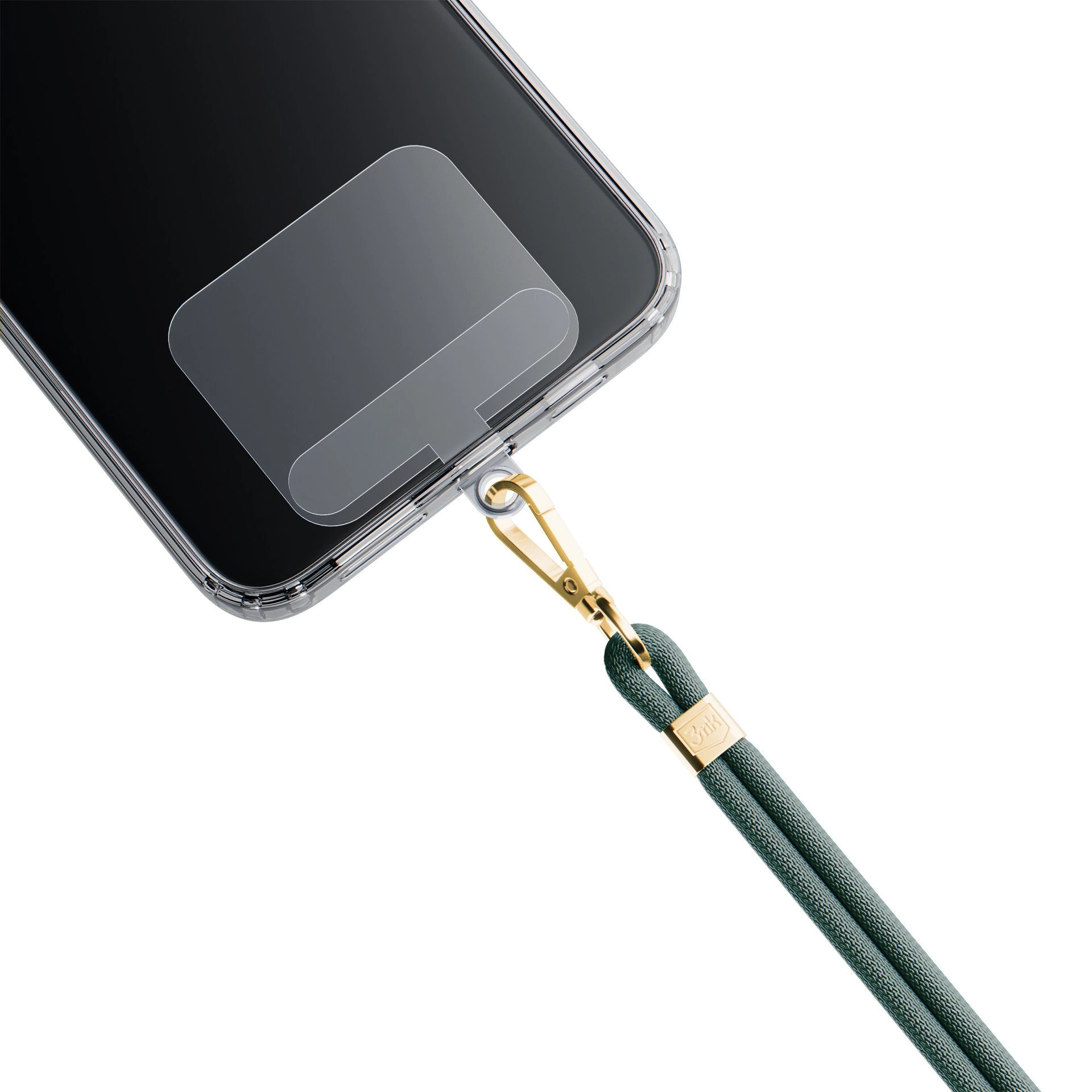 Uno smartphone con un cordino verde e finiture dorate attaccate in basso.