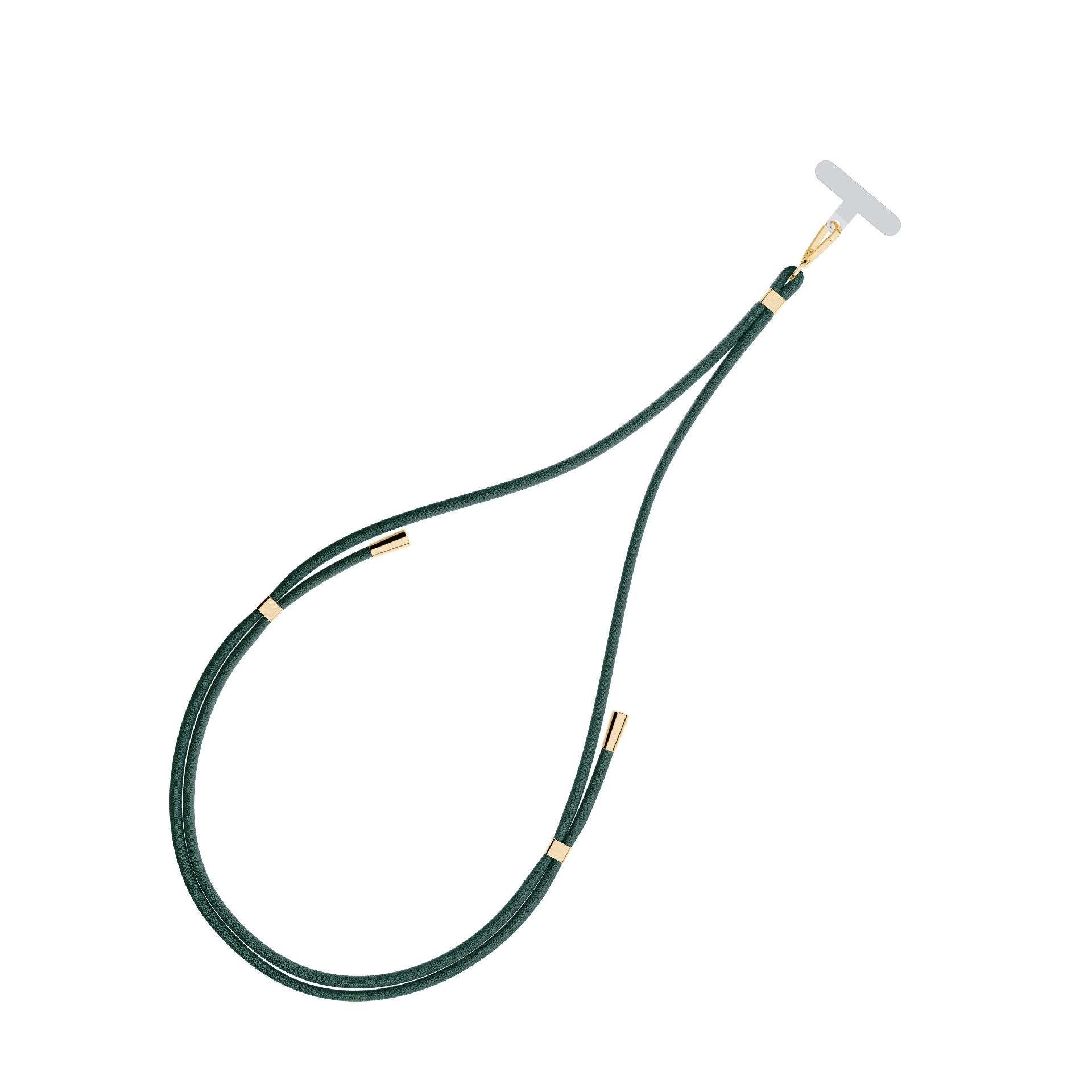 Laccio verde scuro con accenti dorati e connettore a forma di T.