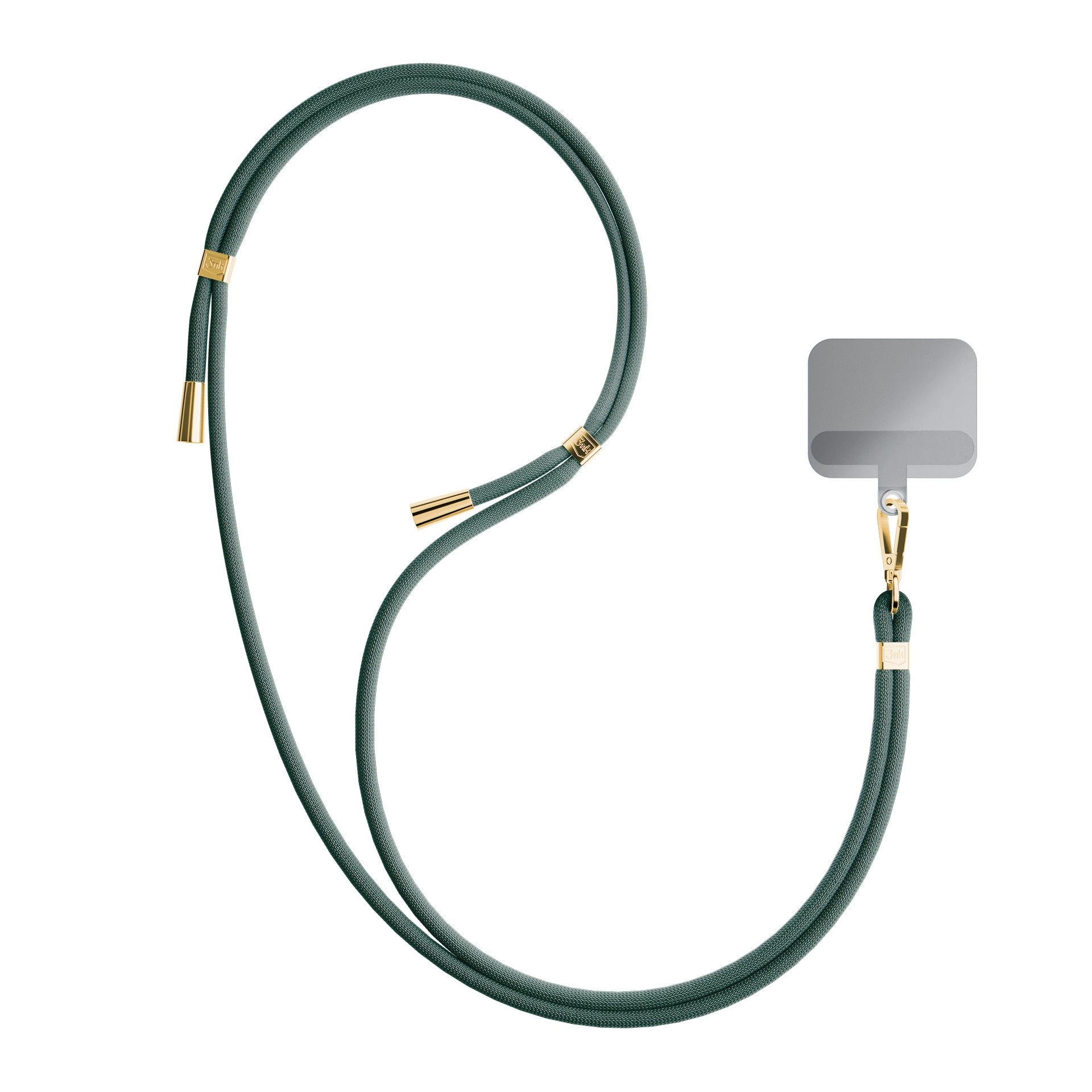Laccetto verde scuro con accenti dorati e un adattatore grigio per telefono.