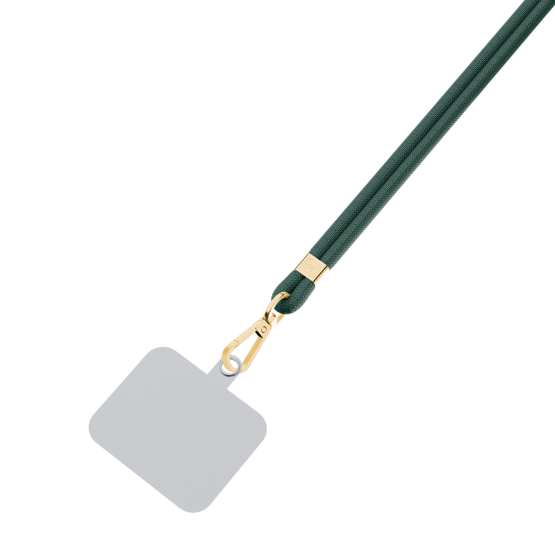 Cordino verde scuro con moschettone dorato e etichetta su sfondo bianco.