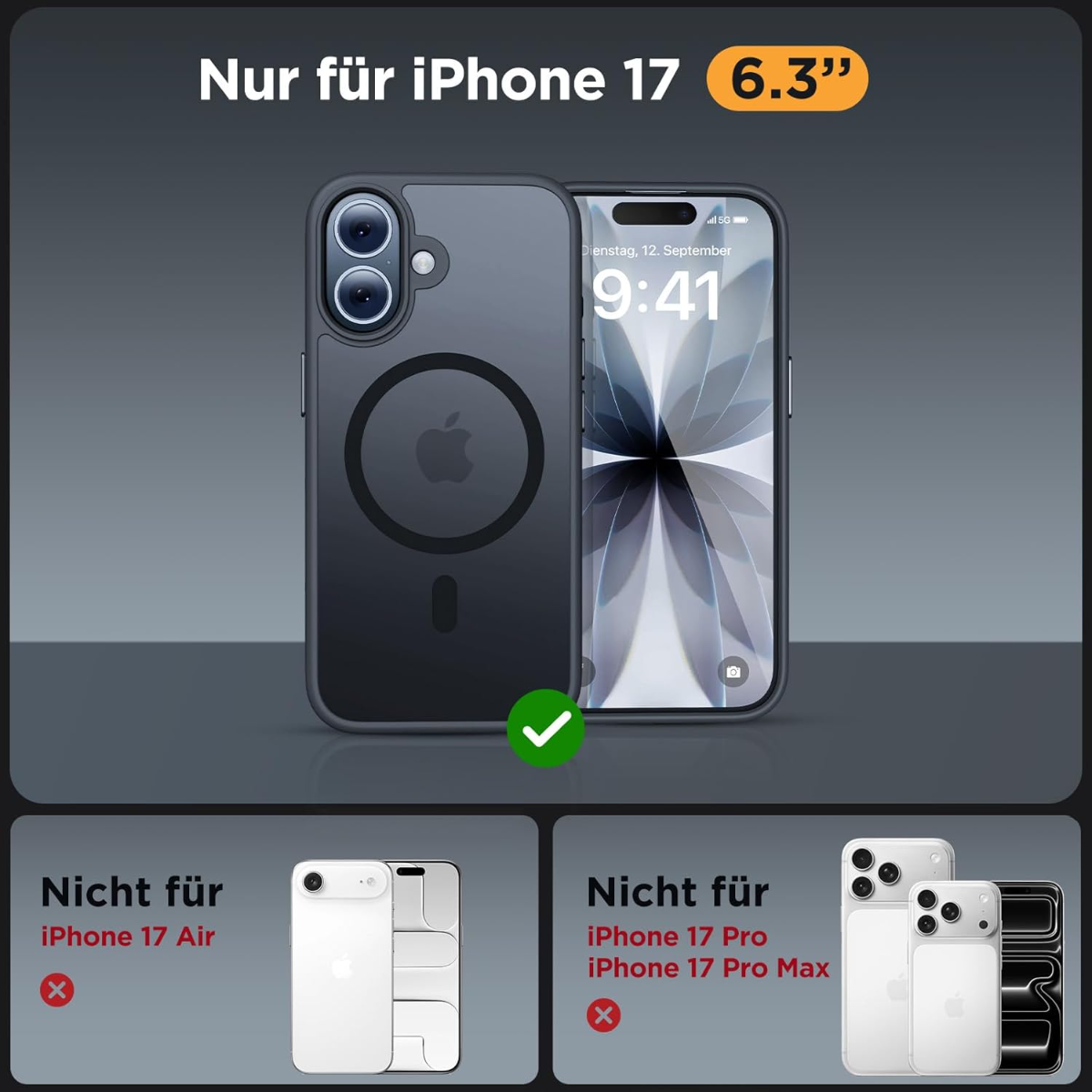 Schwarze Hülle für iPhone 17 (6,3 Zoll) mit Apple-Logo. Nicht für iPhone 17 Air/Pro.