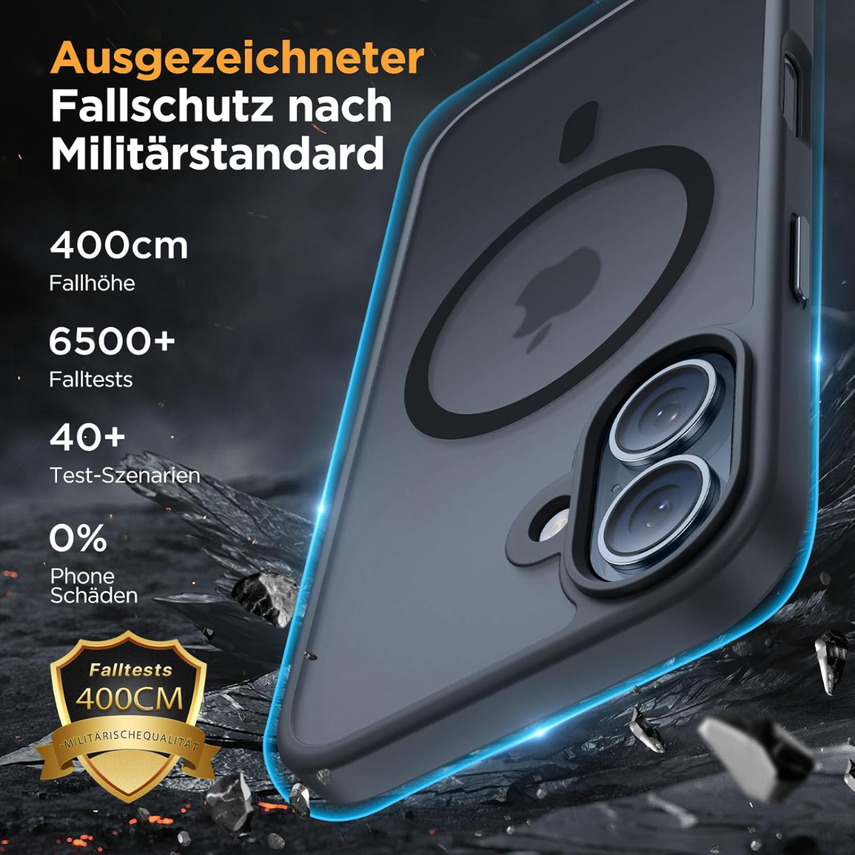 Handyhülle mit militärischem Fallschutz. Bietet 400cm Fallhöhe, über 6500 Tests.