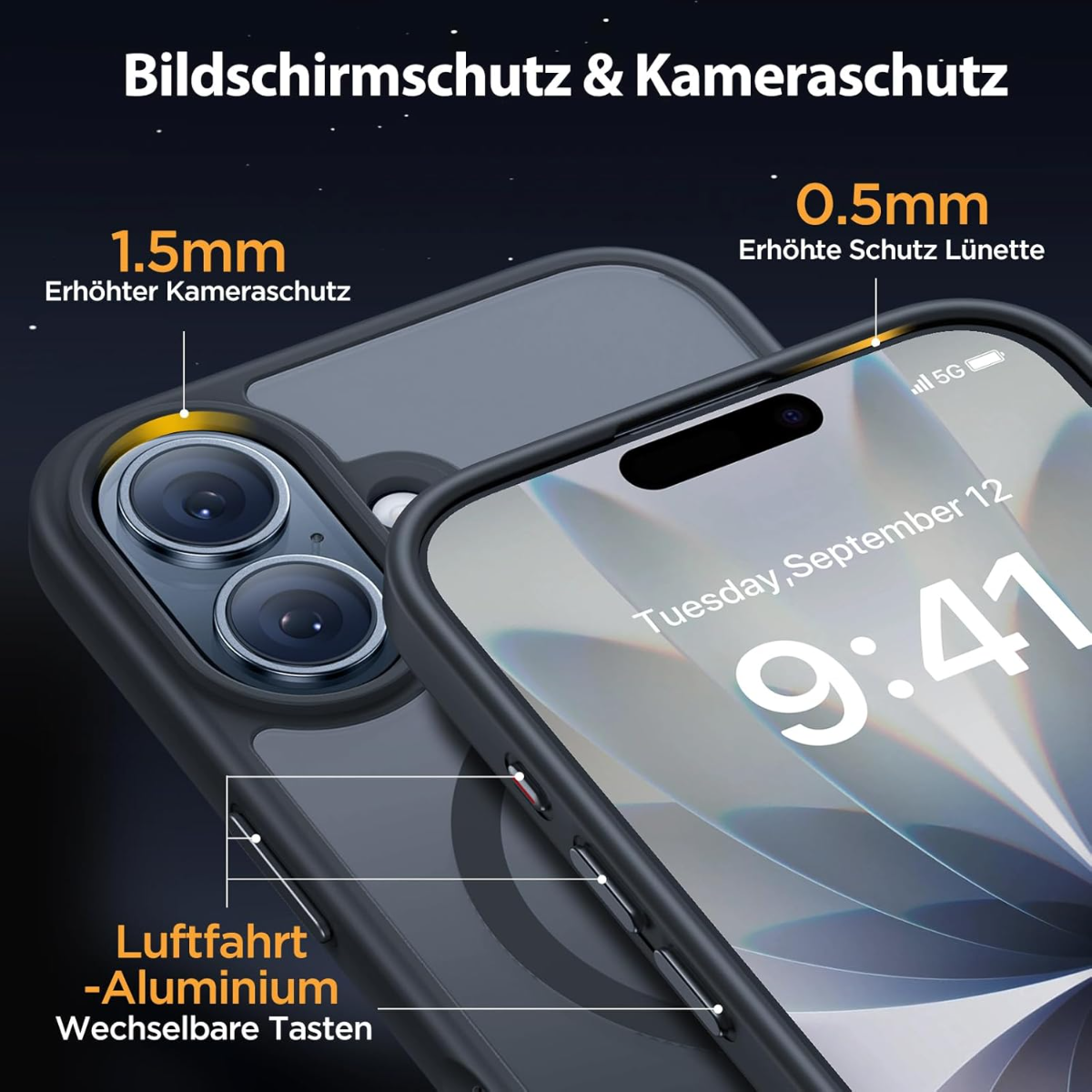 Schwarze Handyhülle mit erhöhten Kanten für Kamera und Bildschirm. Luftfahrt-Aluminium.