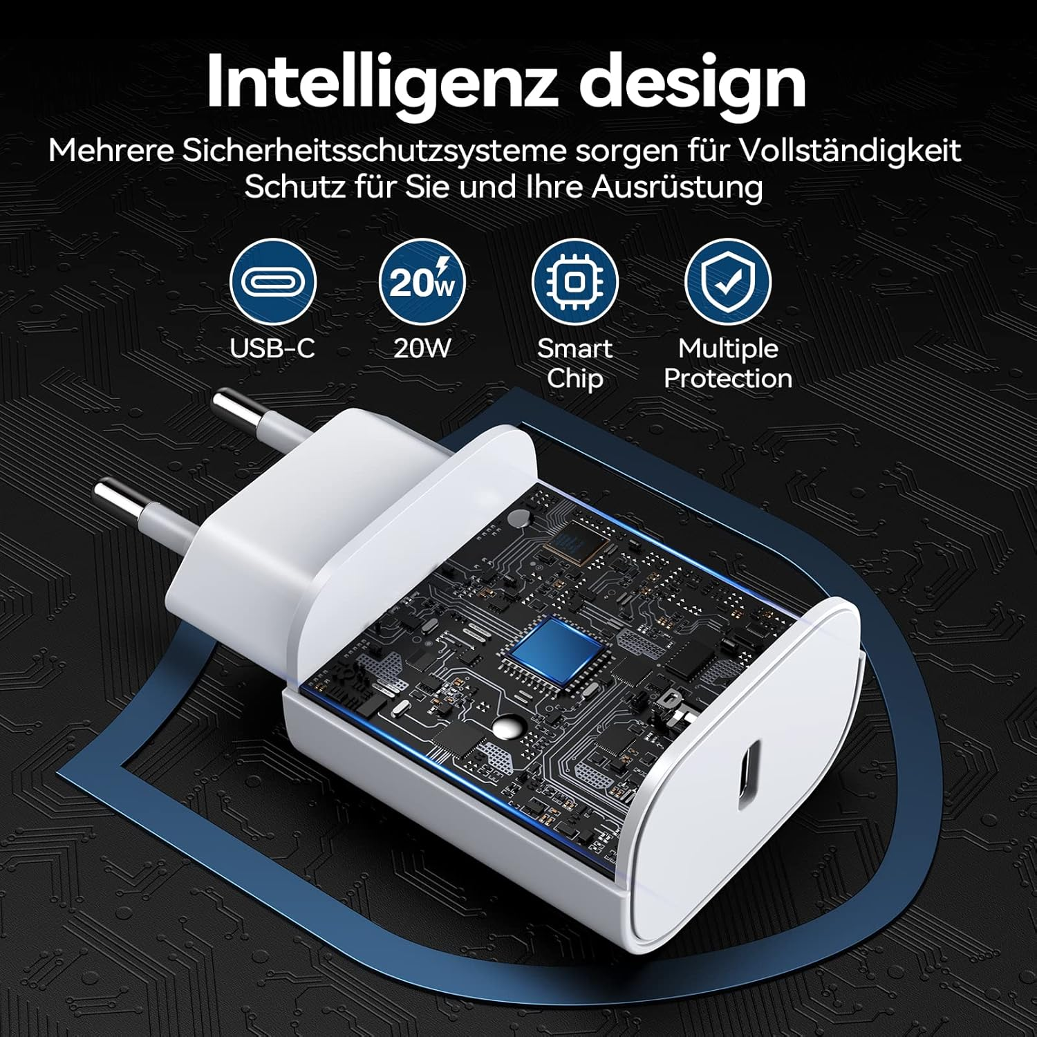 Ein weißer USB-C Ladeadapter mit sichtbarer Platine, 20W, Smart Chip.