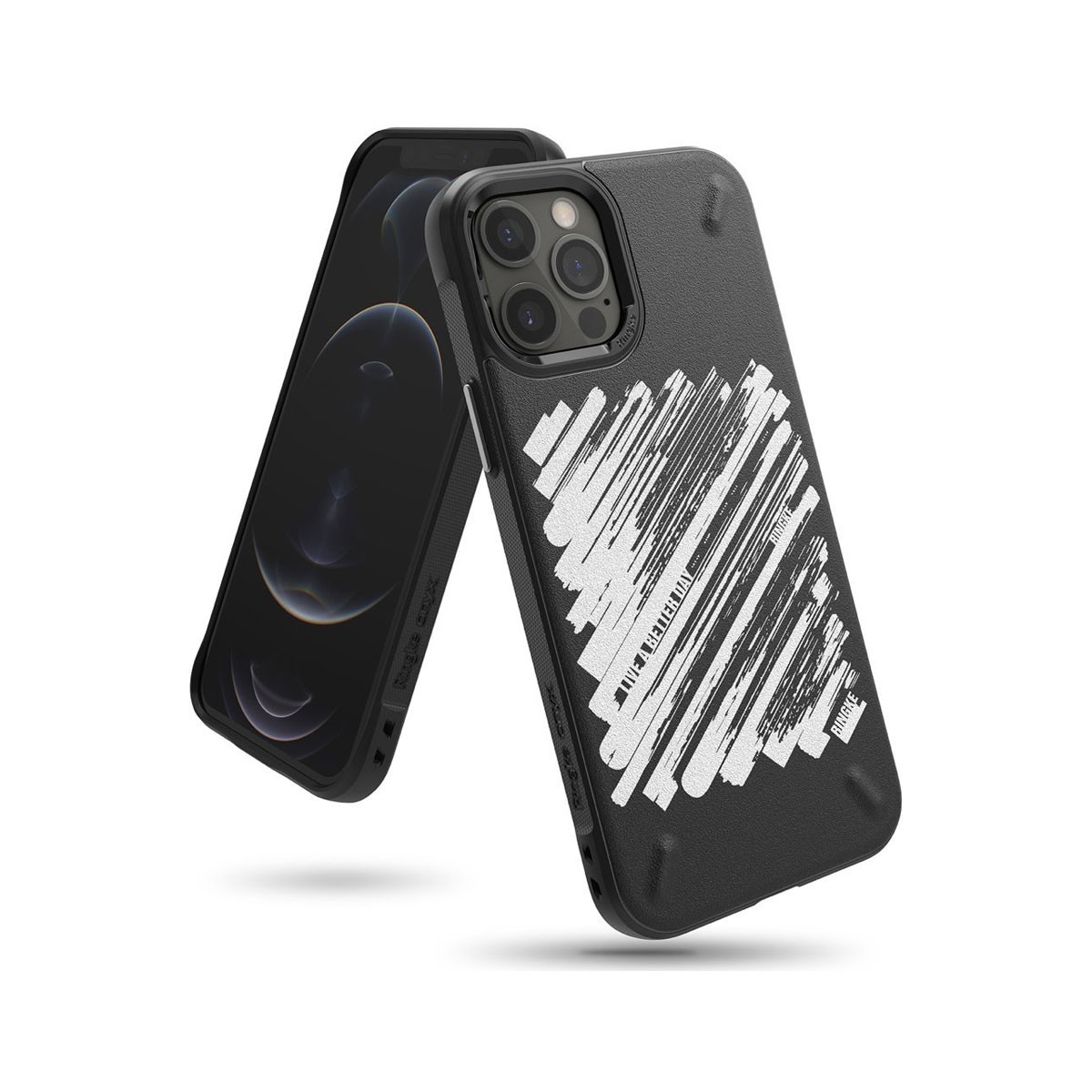 Una custodia nera per iPhone con design a pennellata bianca e testo.